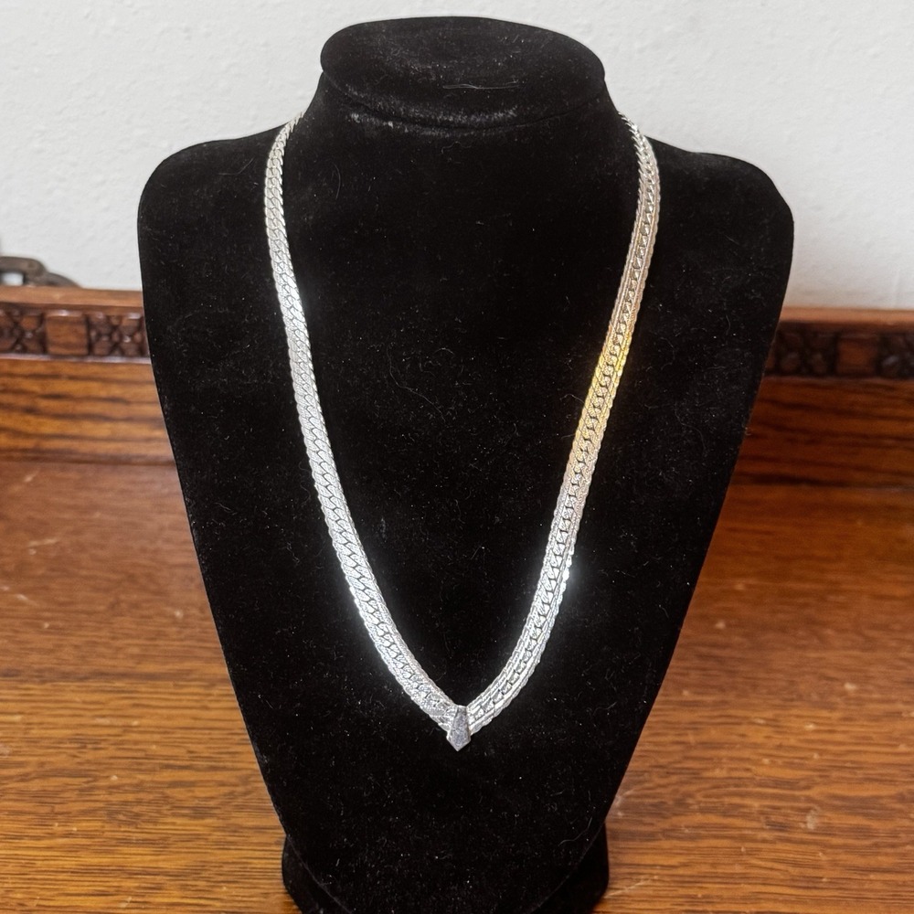 Vintage Napier Silver Tone Herringbone Necklace V Drop Statement 18"